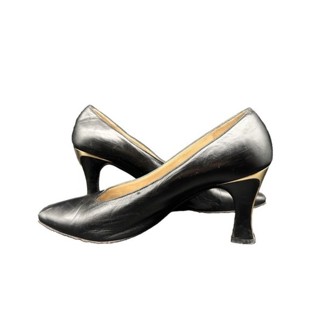 Vintage 90s ST. JOHN Black Leather Classic‎ Pumps Gold Heel Womens Sz 9 ITALY KC